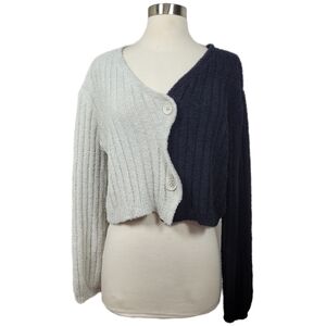 Papermoon Two-Tone Black Gray Colorblock Fuzzy Cropped Cardigan Size Large